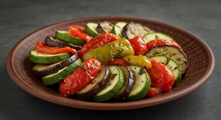 Artfully arranged vibrant ratatouille on rustic plate, a culinary delight
