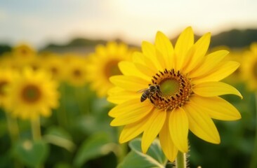 Obraz premium Bee on yellow sunflower in blooming field at sunrise