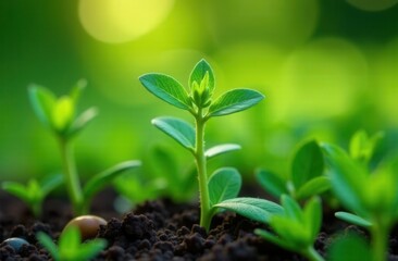 Young seedling growing in rich soil with vibrant green background