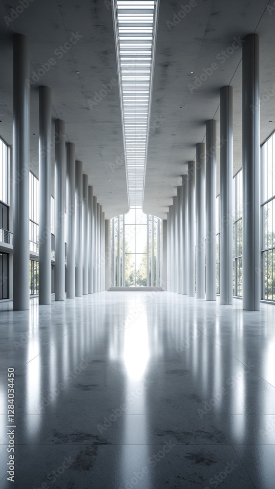 Aufkleber Modern Huge Concrete Material Empty Hall With Many Columns And Big White Glowing Windows