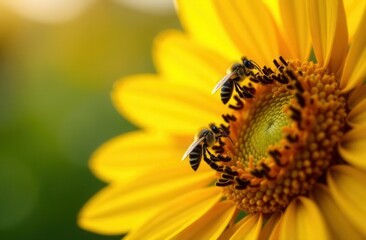 Close-up of bees pollinating a vibrant yellow sunflower in bloom
