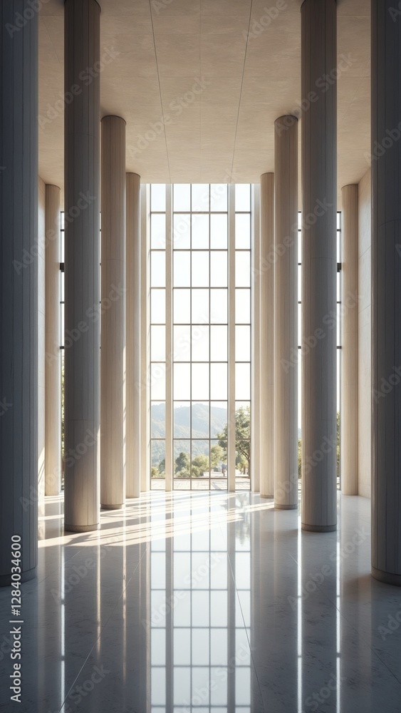 Poster Modern Huge Concrete Material Empty Hall With Many Columns And Big White Glowing Windows
