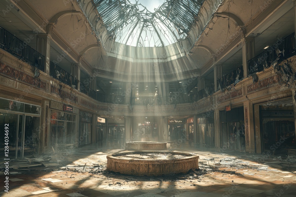 Poster sunlight streams through a decaying shopping mall with collapsed roof and rubble, creating a post-ap