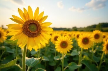 Bright sunflowers blooming under a clear sky in a lush field