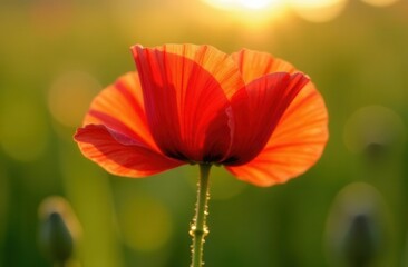 Fototapeta premium Sunlit red poppy flower in bloom during golden hour in a lush field