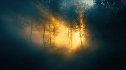 Naklejka premium Enchanted Forest Illuminated by Ethereal Sunlight in Mystical Fog