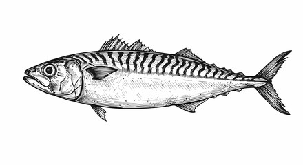 Detailed Black and White Mackerel Fish Illustration: Intricate Line Work, Realistic Texture, Scratch Board Style, Isolated on White