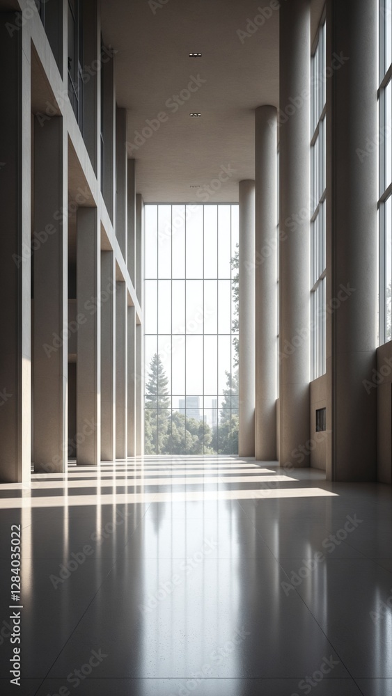 Poster modern huge concrete material empty hall with many columns and big white glowing windows