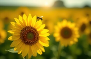 Obraz premium Sunlit sunflower field with bee gathering nectar at golden hour