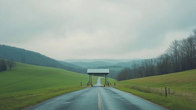 Toll booth on a country road surrounded by rolling hills. Featuring rural landscapes and wide open spaces