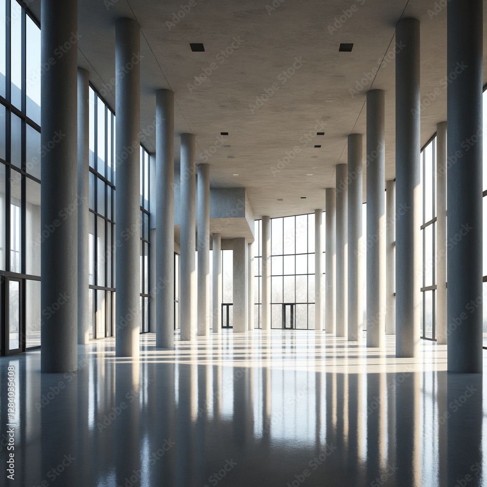 Poster modern huge concrete material empty hall with many columns and big white glowing windows