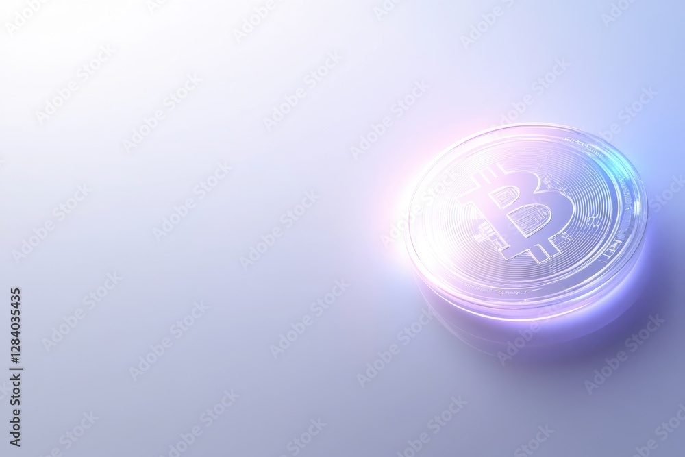 Poster a glowing bitcoin symbol on a light blue surface, representing digital currency and blockchain techn