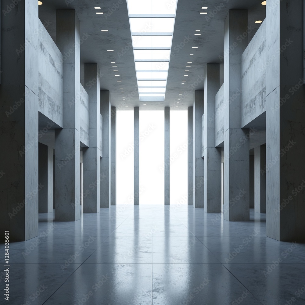 Aufkleber modern huge concrete material empty hall with many columns and big white glowing windows