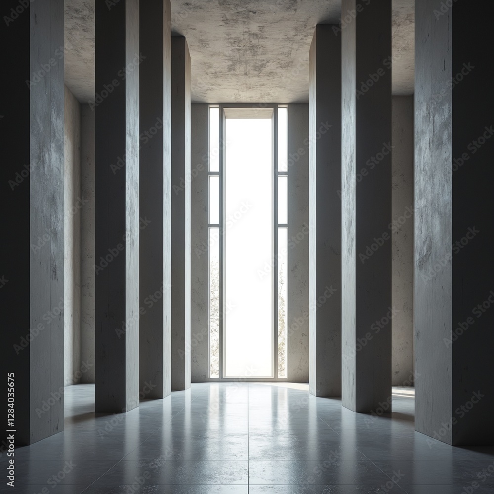 Poster modern huge concrete material empty hall with many columns and big white glowing windows