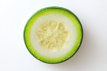 An overhead studio shot of a fresh zucchini slice, revealing the inner textures and seed arrangement, set against a minimalist white background, showcasing its vibrant colors.