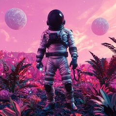 Astronaut Explorer in Surreal Alien Landscape with Colorful Foliage