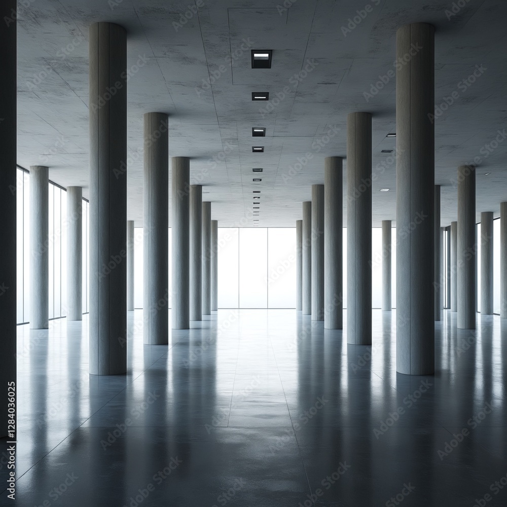 Aufkleber Modern Huge Concrete Material Empty Hall With Many Columns And Big White Glowing Windows