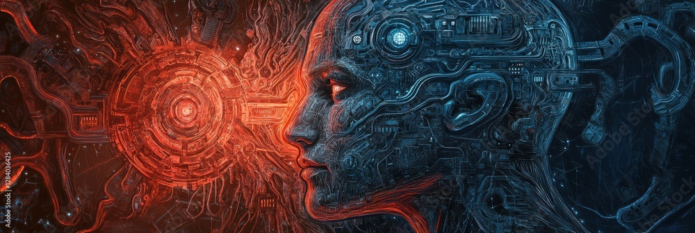 Aufkleber fusion of human and machine in a cybernetic landscape with intricate details and vibrant color contr