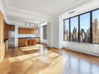 Obraz premium Luxury Manhattan apartment, city view, hardwood floors, empty