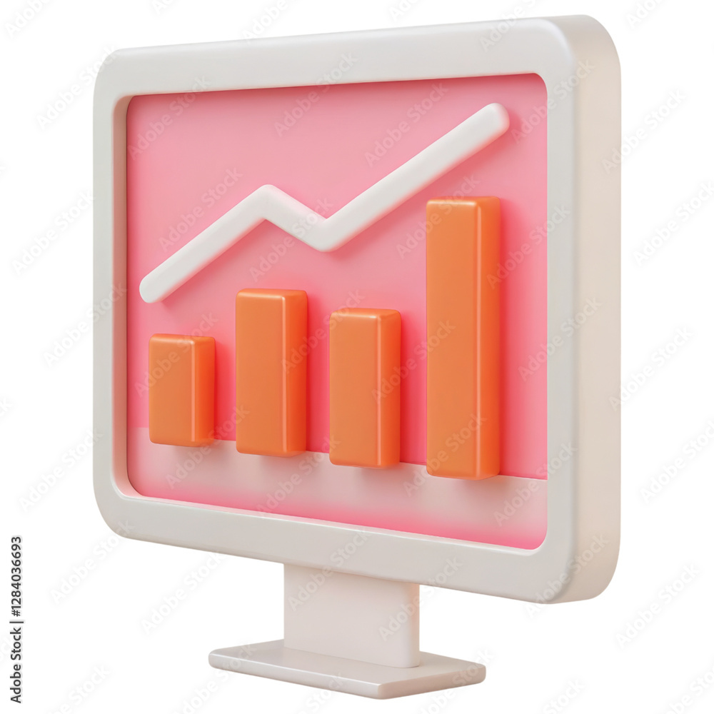 Poster a colorful computer monitor displaying a graph with upward trends and varying bar heights, showcasin