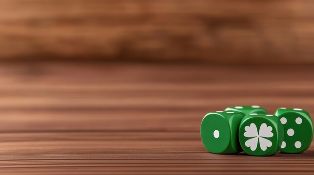 Green dice with a clover design on a wooden surface, symbolizing luck and chance in games.
