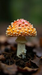 Fototapeta premium Orange cap and white stem of small psilocybin toadstool in a pile of leaves, mushrooms, fungi, biology