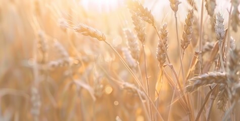 Fototapeta premium Ripe wheat in sun close up with soft focus. Ears of golden wheat cereals field in nature soft and warm tone.