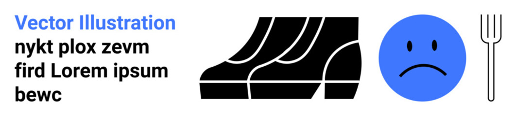 Blue sad face with silver fork symbolizing hunger or dissatisfaction alongside bold, abstract black shoe patterns. Ideal for food insecurity, emotion, minimalism, messaging, design, poster, flat