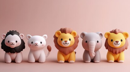 Colorful animal figurines featuring a lion, bear, elephant, and more against a soft background, perfect for children's decor.