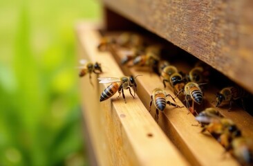 Close-up view of bees at entrance to wooden beehive in sunlit garden