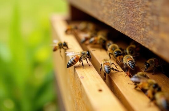 Close-up view of bees at entrance to wooden beehive in sunlit garden