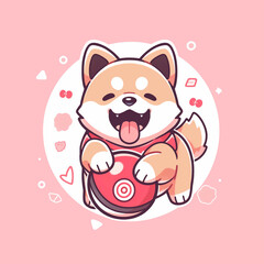 Cute Shiba Inu playing with a ball in kawaii cartoon style