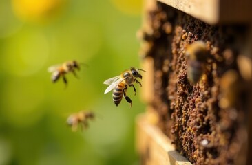 Honey bees flying and landing on beehive with blurred green background