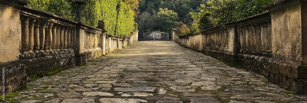 Poster serene stone pathway lined with green foliage leading towards a distant entrance in a tranquil fores