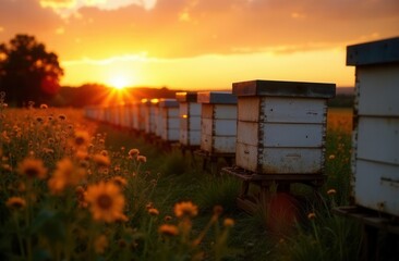Fototapeta premium Sunset over beehives in a flowering field with vibrant sunlight and scenic landscape