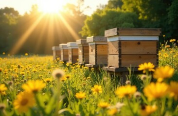 Sunlit beehives in blooming wildflower meadow at sunrise