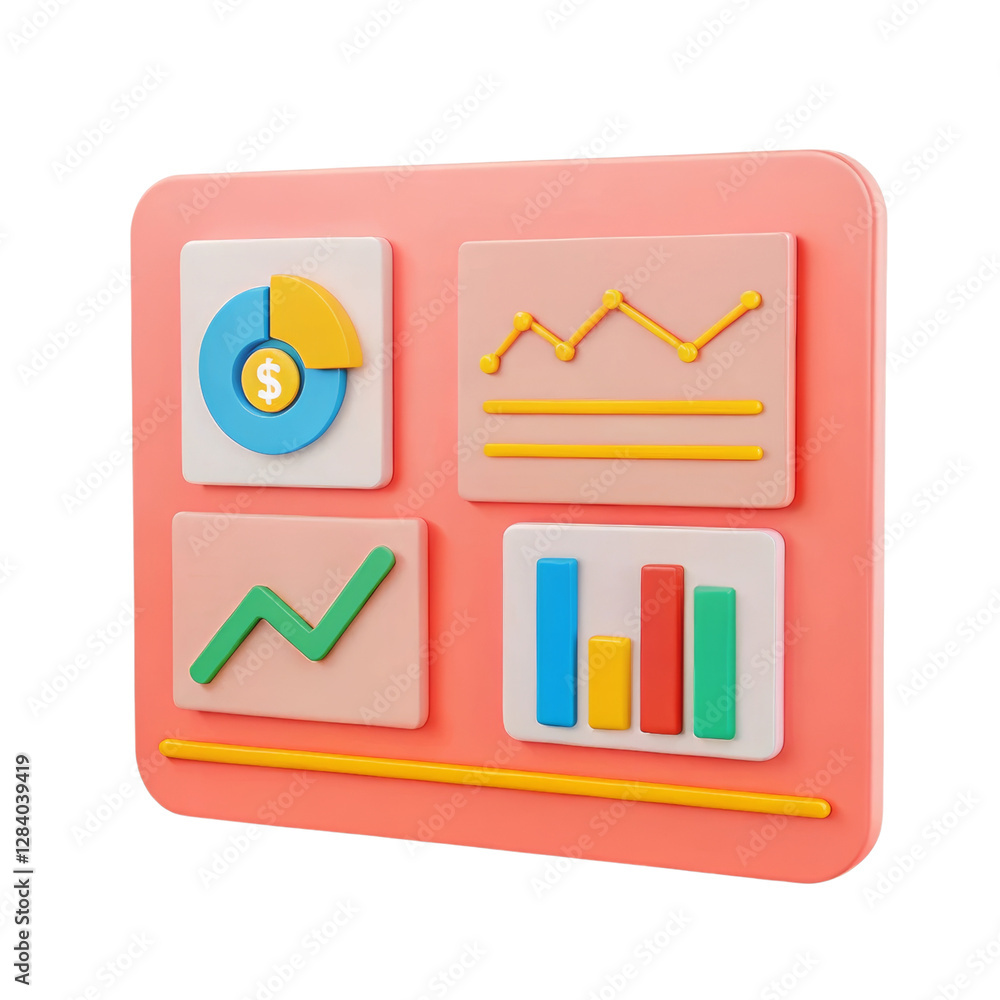 Poster a colorful data visualization panel featuring charts and graphs representing financial metrics and t