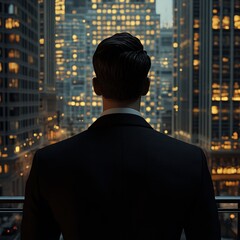 Fototapeta premium Businessman Staring at Cityscape View from Balcony at Night With Illuminated Buildings