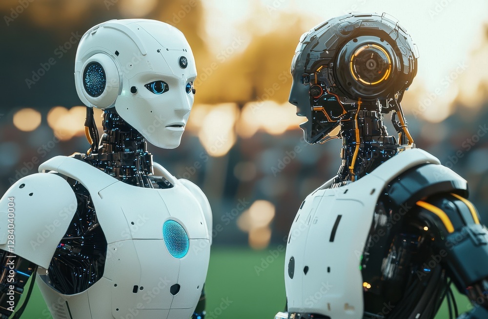 Poster two futuristic robots engaged in intense conversation in nature