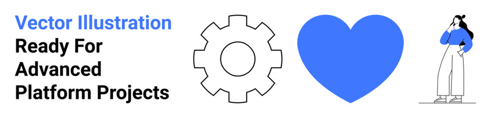 Gear and heart symbols with a thinking woman standing to the side, representing innovation, creativity, teamwork, problem-solving, platform development, branding strategies, and cohesive flat landing