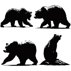 A black and white silhouette illustration of four bears in different poses. The detailed artwork captures their fur texture and movement, ideal for wildlife, nature, and outdoor-themed designs