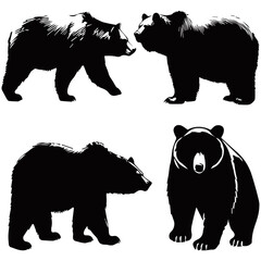 A black and white silhouette illustration of four bears in different poses. The detailed artwork captures their fur texture and movement, ideal for wildlife, nature, and outdoor-themed designs