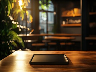 Tablet Device on Stylish Wooden Table in Cozy Modern Workspace with Ambient Lighting