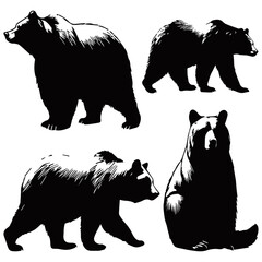 A black and white silhouette illustration of four bears in different poses. The detailed artwork captures their fur texture and movement, ideal for wildlife, nature, and outdoor-themed designs