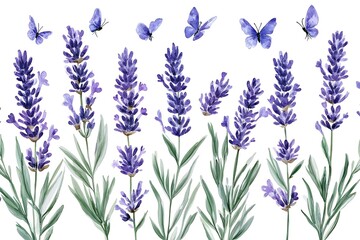 Naklejka premium Watercolor Lavender Flowers and Butterflies Border