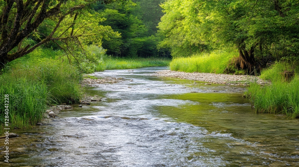 Poster Flowing river surrounded by lush greenery under soft sunlight in a peaceful natural setting. Generative AI