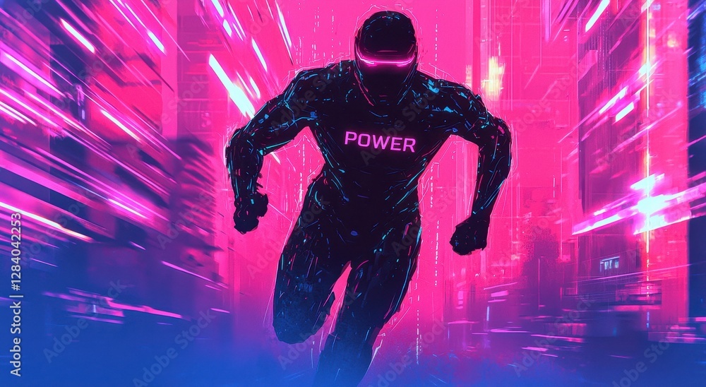 Poster futuristic running hero with neon lights and dynamic background