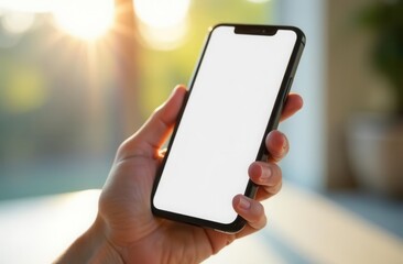 Hand holding smartphone with blank screen in sunlight ambiance