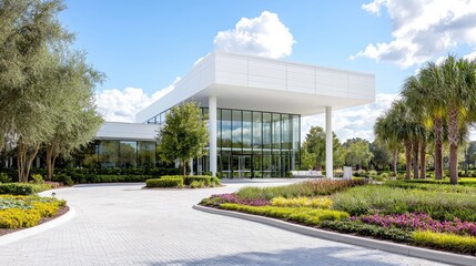 Modern office building entrance, landscaped grounds, sunny day, corporate setting