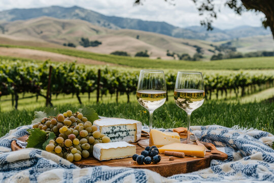 A serene picnic with cheese and wine in a vineyard, relaxation